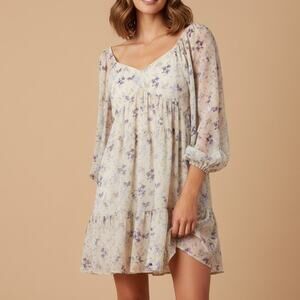 Polagram Floral Tiered Mini Dress M Cottage Boho Balloon Sleeve Yellow Purple